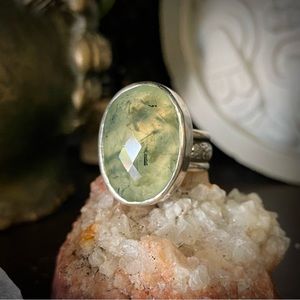 Faceted Prehnite Sterling Silver Ring Floral Band Handmade by designer Kyri